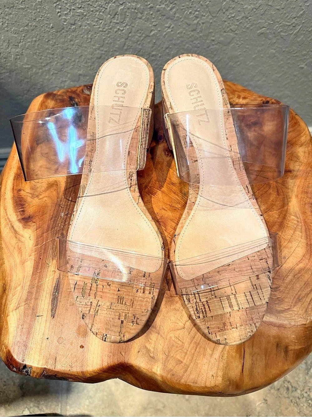 SCHUTZ Victorie Clear Strap Block Heel Sandals Tan Cork US 8